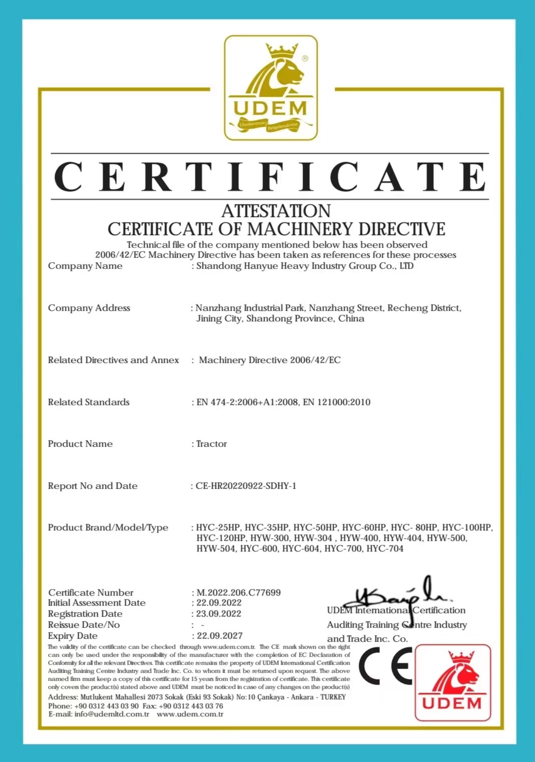 China Shandong Hanyue Heavy Industry Group Co., Ltd. Certificações