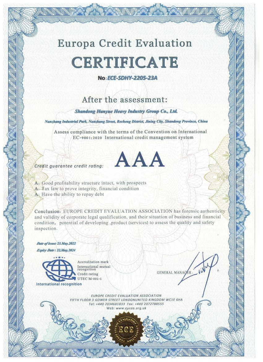 China Shandong Hanyue Heavy Industry Group Co., Ltd. Certificações